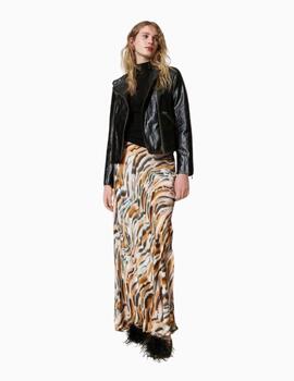 Falda TWINSET larga de raso animal print 