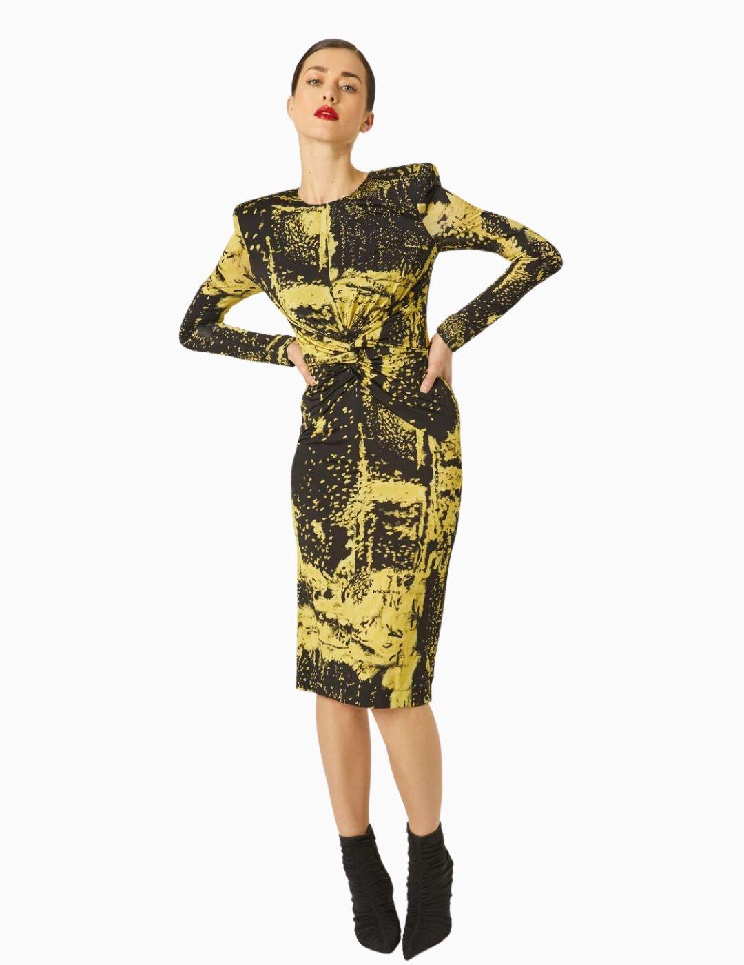 Vestido MASAVI midi giotto estampado oro-negro