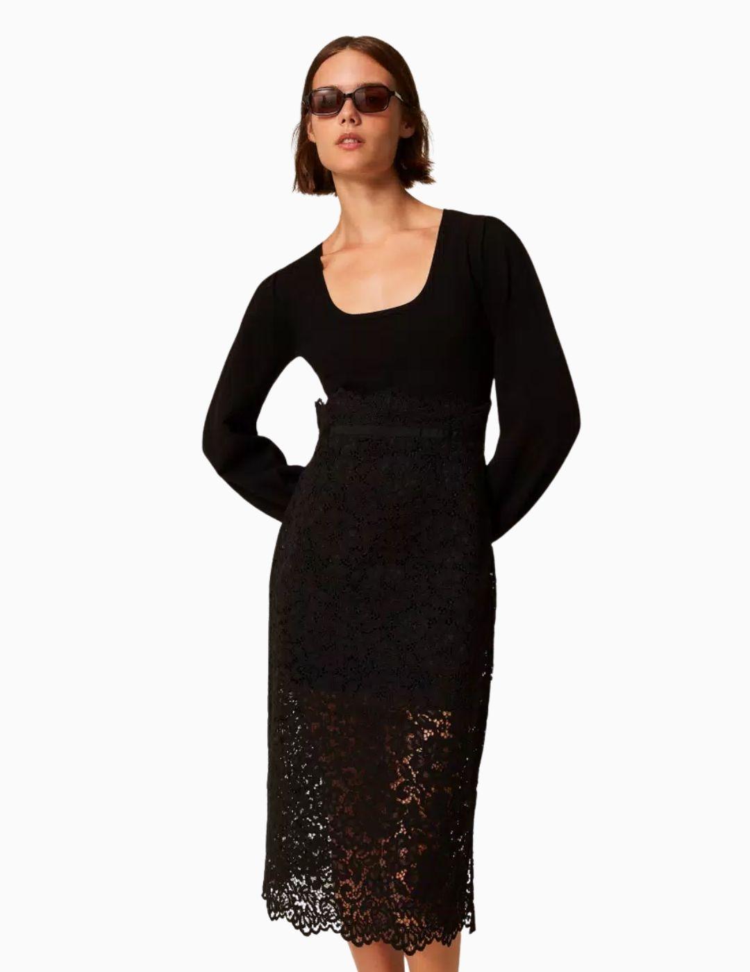 VESTIDO TWINSET MIDI DE PUNTO Y ENCAJE