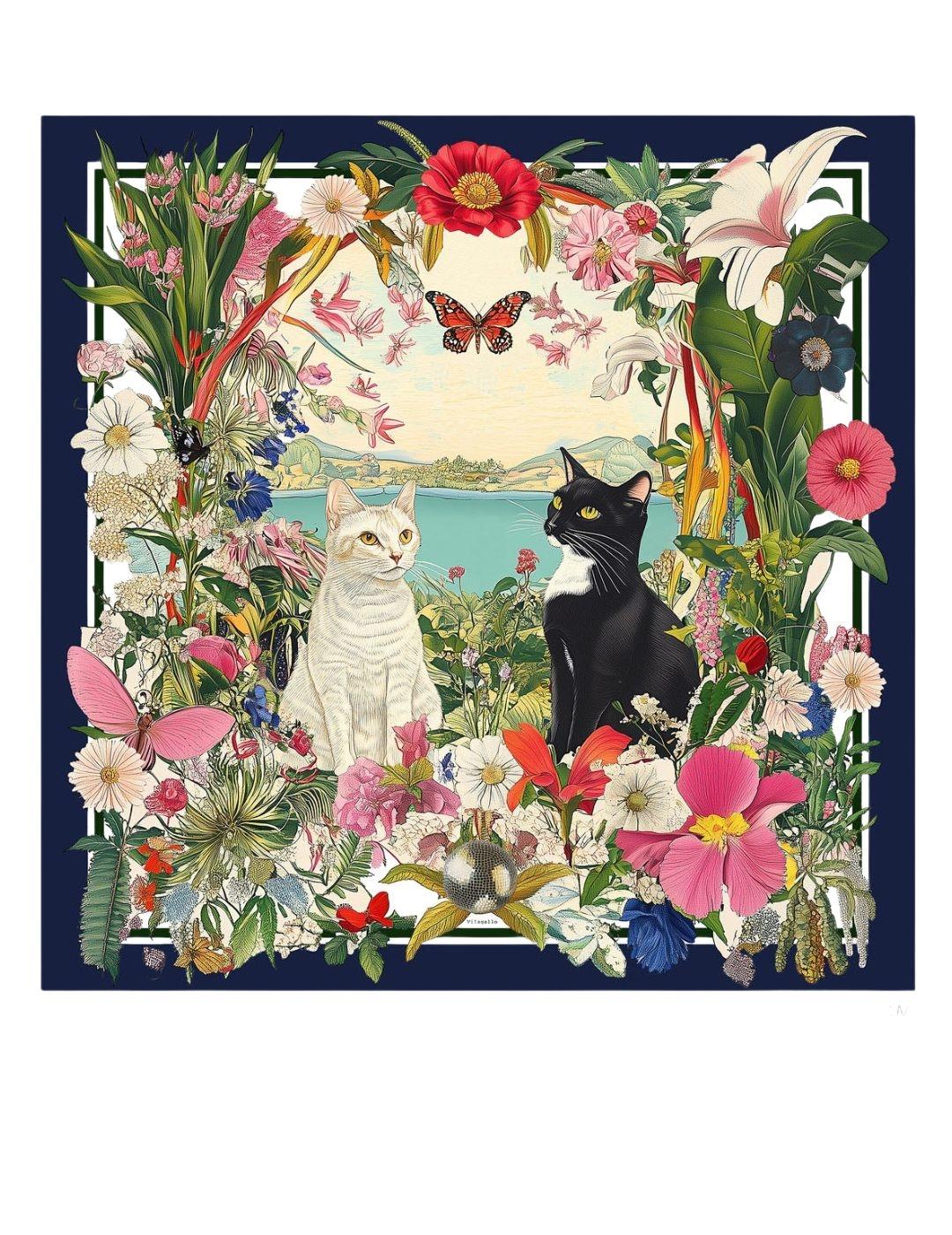 FOULARD VILAGALLO SILK GATOS Y FLORES SEDA 