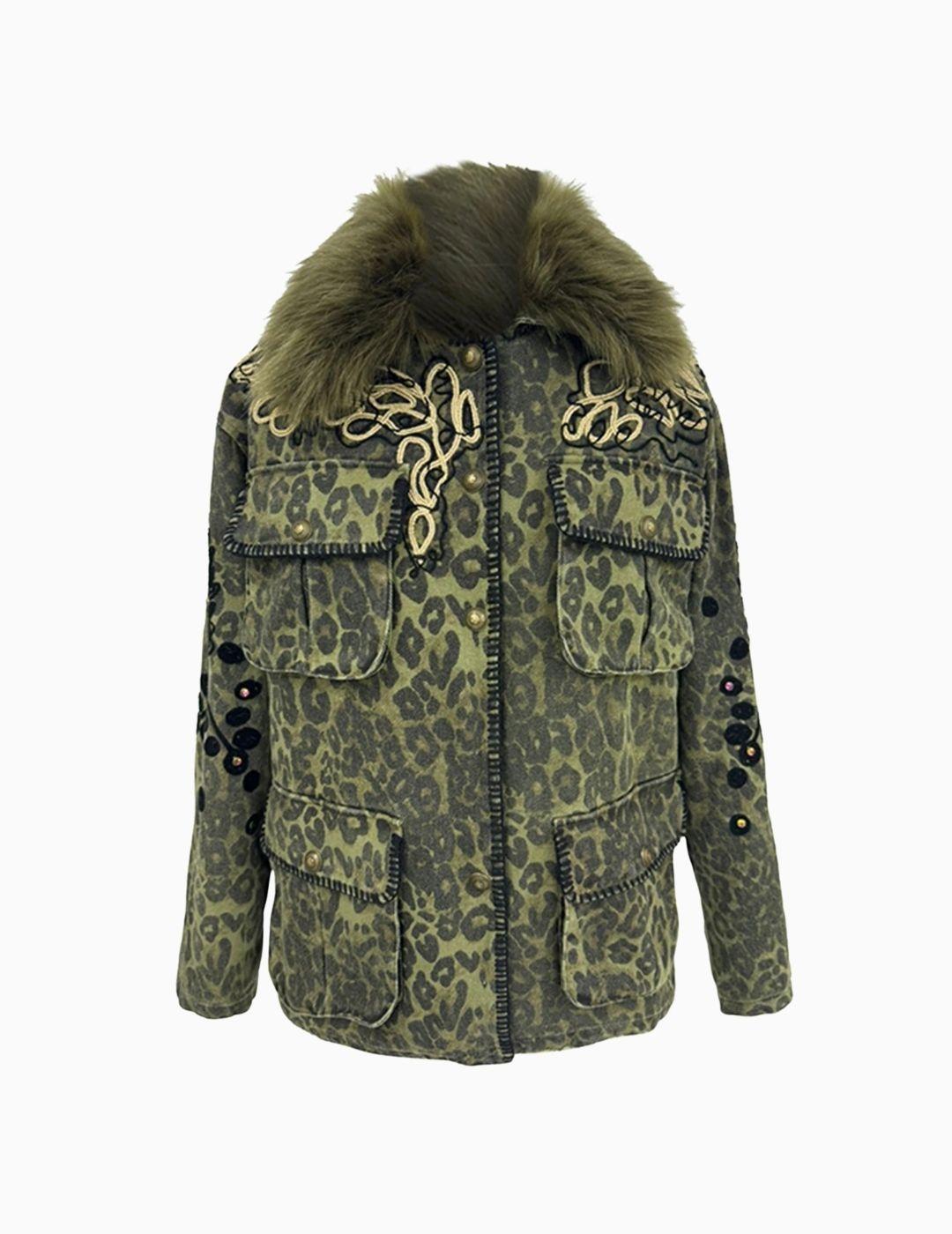 CHAQUETA BSB CUELLO CON PELO LEOPARDO VERDE